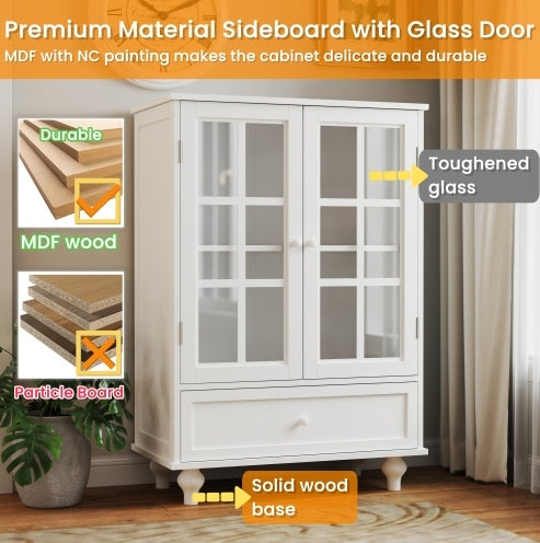 White Wooden Buffet Sideboard with Glass Doors & Drawer