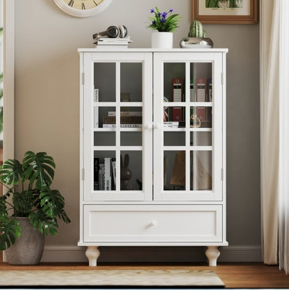 White Wooden Buffet Sideboard with Glass Doors & Drawer