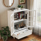 White Wooden Buffet Sideboard with Glass Doors & Drawer